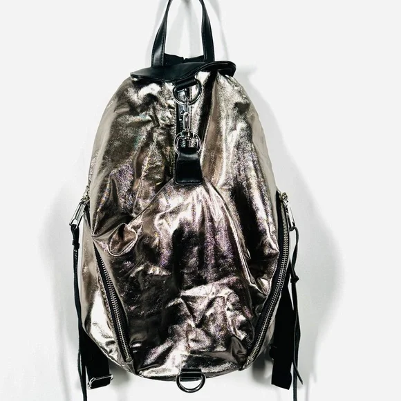 Rebecca Minkoff Julian Backpack Metallic Foil Leather Gunmetal Silver - Picture 7 of 14